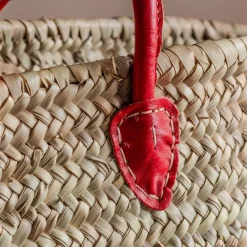 Red Leather and Natural Woven Palm Shopper Bag