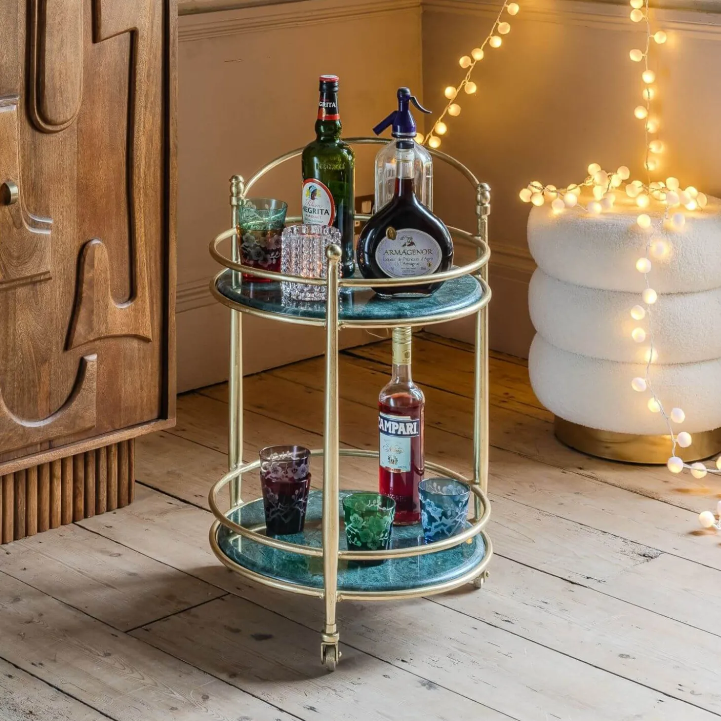 Round Green Marble Drinks Trolley