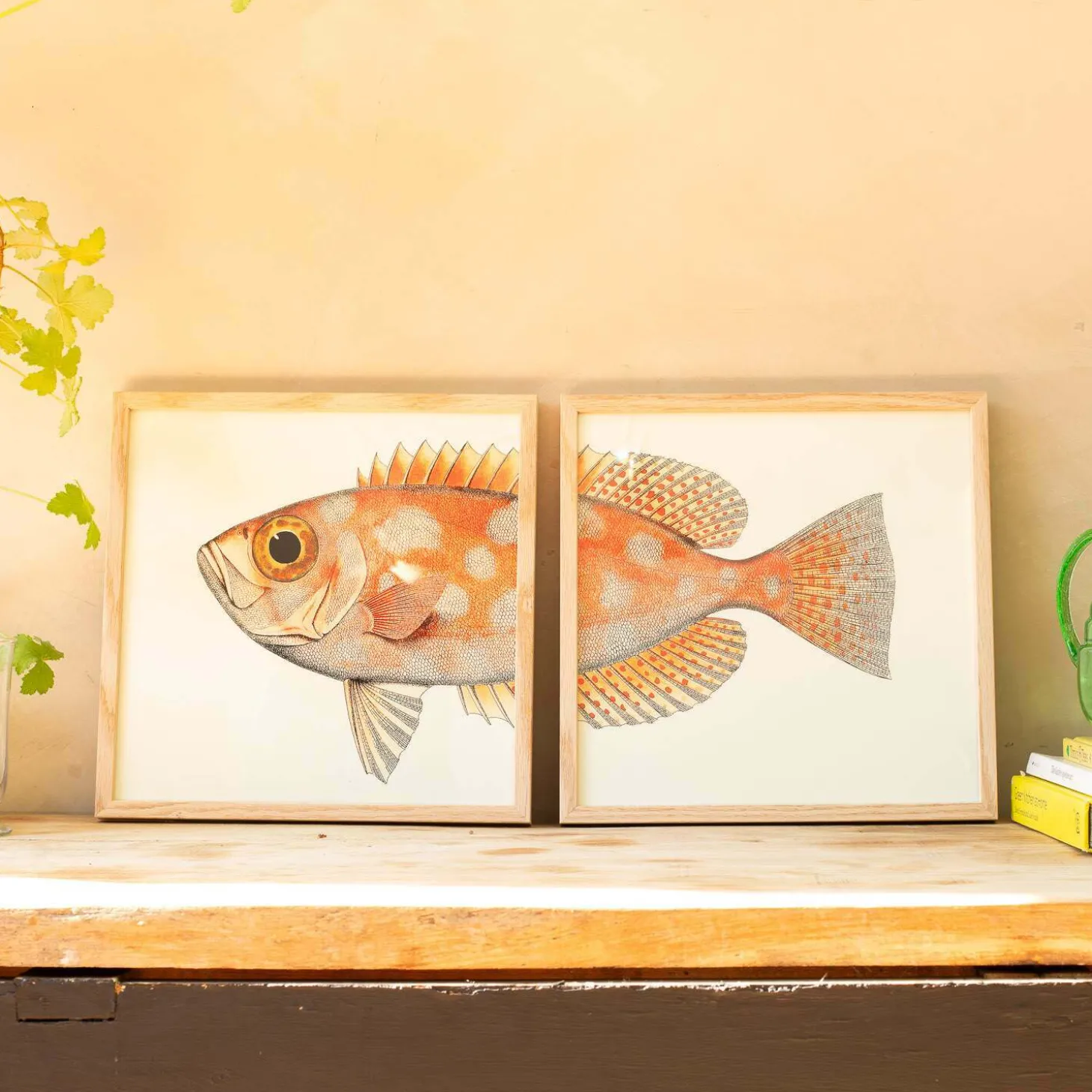 Set of Two Blotched Bigeye Print with Oak Frames