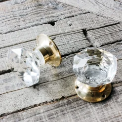 Set of Two Clear Glass and Brass Door Knobs