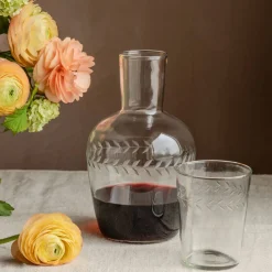 Set of Two Floral Etched Decanter and Drinking Glass
