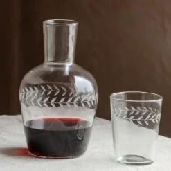 Set of Two Floral Etched Decanter and Drinking Glass