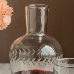 Set of Two Floral Etched Decanter and Drinking Glass