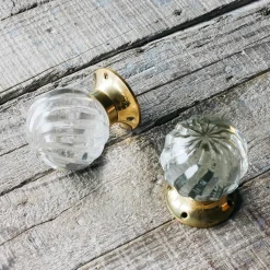 Set of Two Glass and Brass Spiral Melon Door Knobs