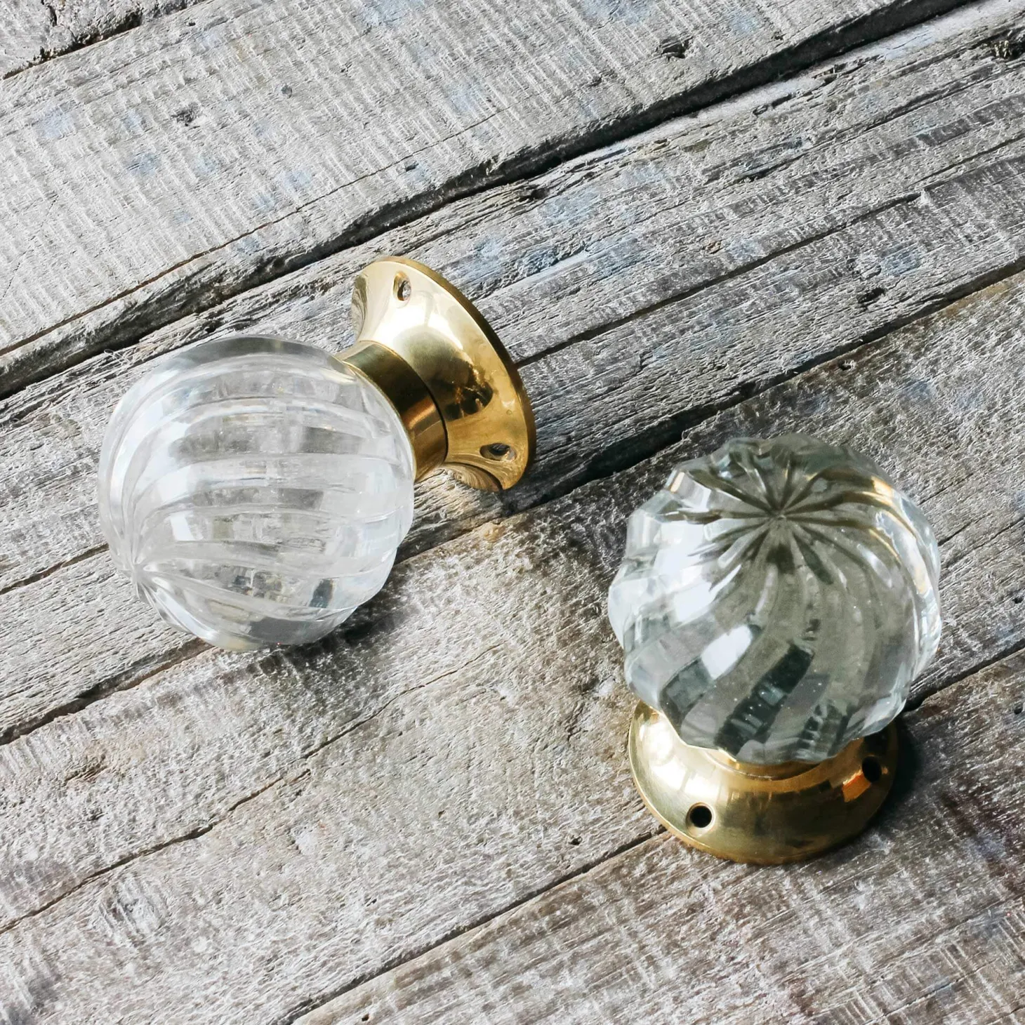 Set of Two Glass and Brass Spiral Melon Door Knobs