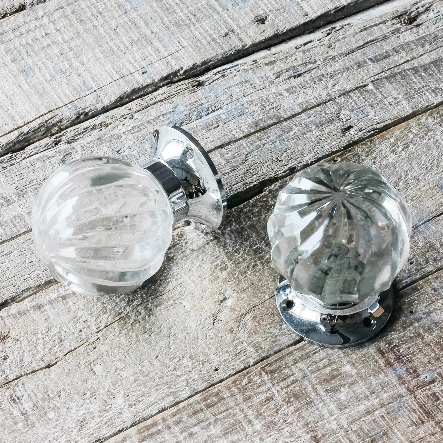 Set of Two Glass and Chrome Spiral Melon Door Knobs