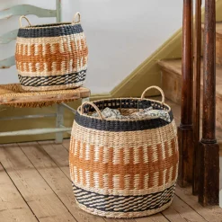 Set of Two Terracotta and Natural Baskets