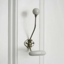 Silver Coat Hook With White Ceramic Knobs