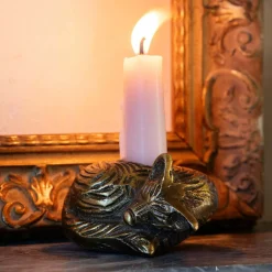Sleeping Fox Antiqued Brass Candle Holder