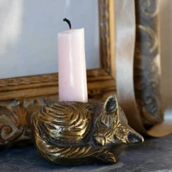 Sleeping Fox Antiqued Brass Candle Holder