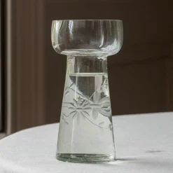 Small Etched Floral Clear Glass Vase
