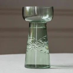 Small Etched Floral Green Glass Vase