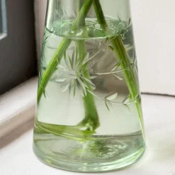 Small Etched Floral Green Glass Vase