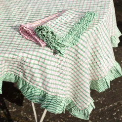 Sundae Green and Pink Block Printed Frill Table Cloths