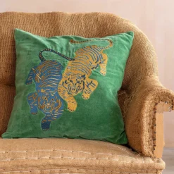 Tiger Embroidered Velvet Square Cushions