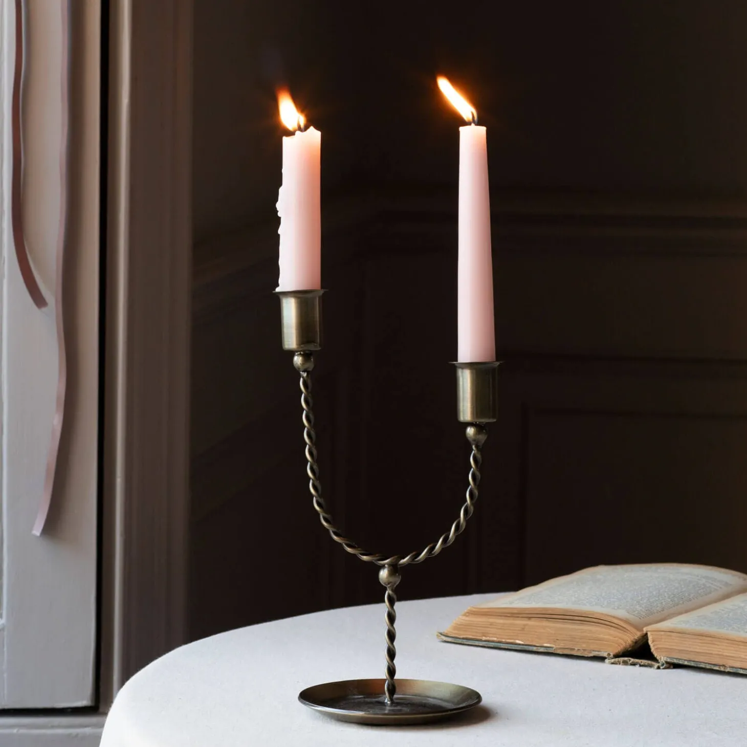 Twisted Antiqued Brass Double Candle Holder