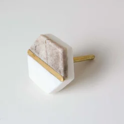 Two Tone Marble and Brass Hexagon Knob