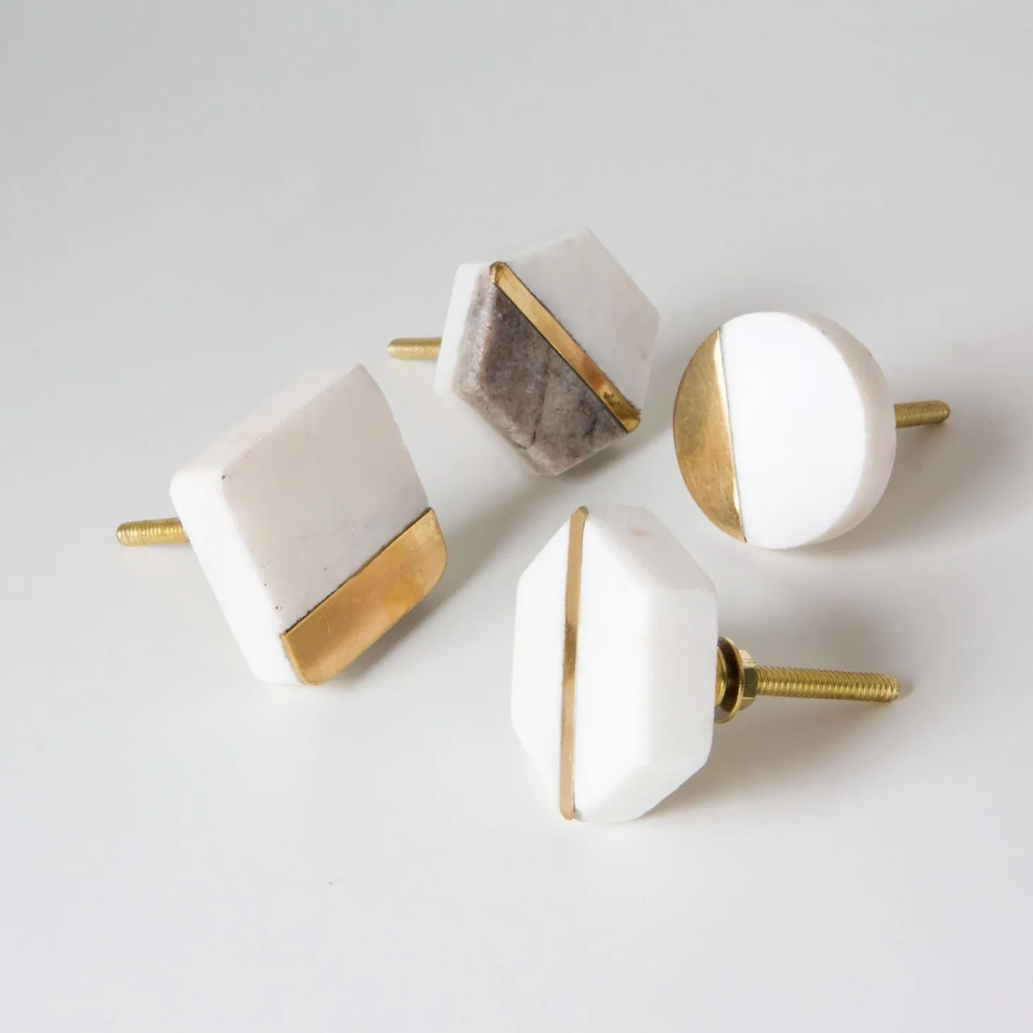 Two Tone Marble and Brass Hexagon Knob