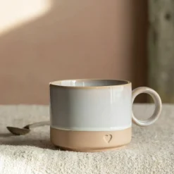 White and Brown Stoneware Mug with Heart Detail
