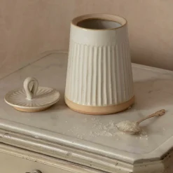 White Ribbed Jar with Lid