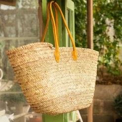 Yellow Leather and Natural Woven Palm Shopper Bag