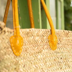 Yellow Leather and Natural Woven Palm Shopper Bag